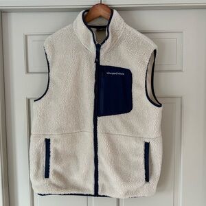 Vineyard Vines Sherpa Fleece Vest XL Cream Navy Full Zip Whale Logo
